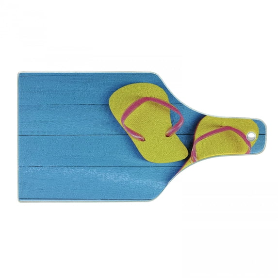 Yellow and Blue Cutting Board, Flip Flops on Wooden Pier Cheerful Holiday Travel Relax Image, Tempered Glass Cutting and Serving Board, Wine Bottle Shape, Sky Blue Yellow Pink, by Ambesonne