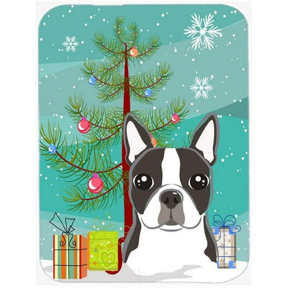 Caroline's Treasures Christmas Tree and Boston Terrier Glass Cutting Board Large