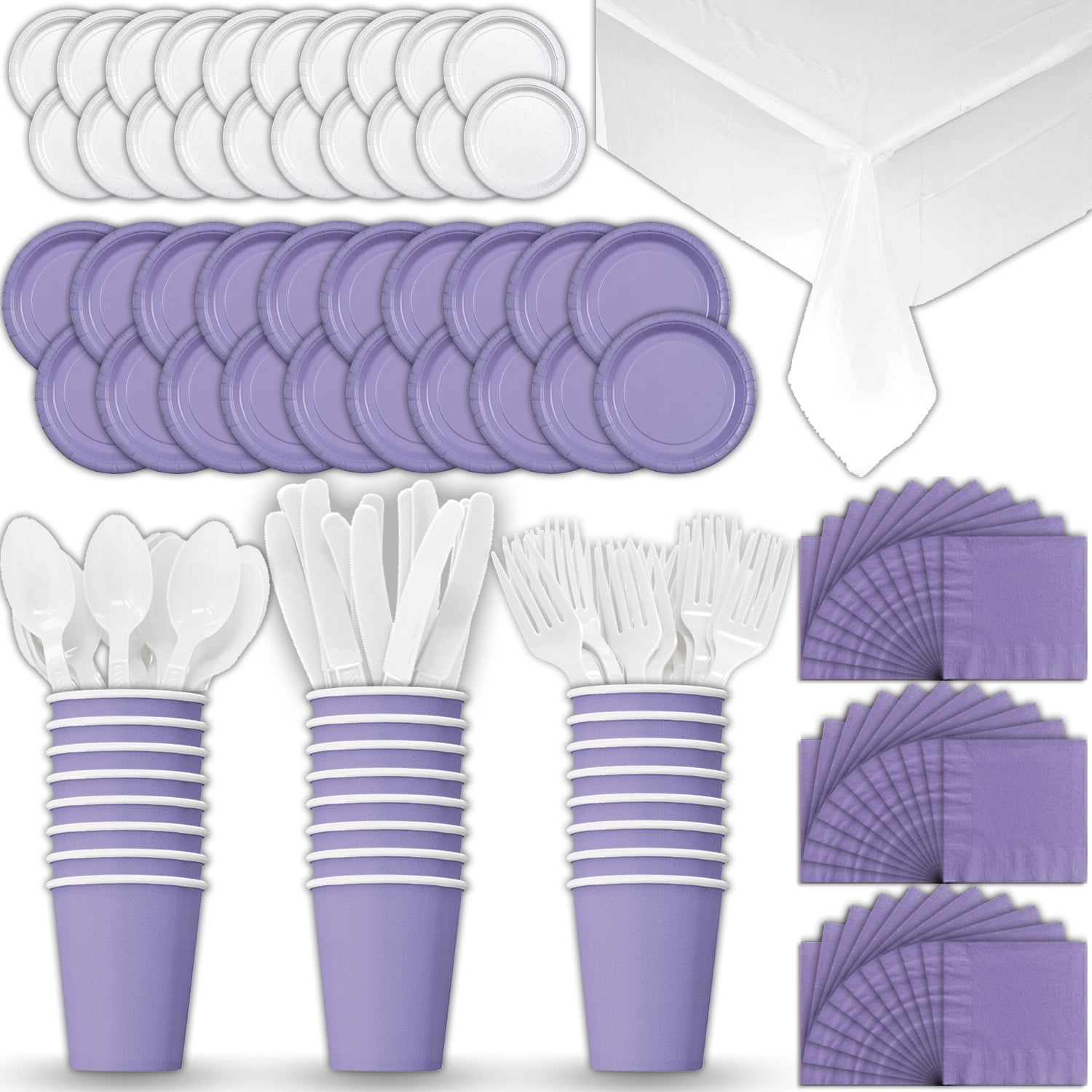 Paper Tableware Set for 24 Lavender & White Dinner and Dessert