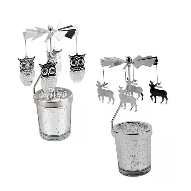 2 candelabros giratorios para velas de té, centro de mesa, candelabros giratorios para decoración de sala de estar de Navidad Ciervo Búho