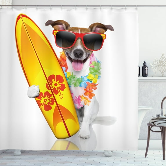 Ambesonne Ride the Wave Shower Curtain, Surf Dog Glasses, 69"Wx84"L, Multicolor