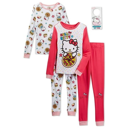 Hello Kitty Nightgown - Hello Kitty Girls 4 Piece Cotton Pajama Set with Doorknob Hanger, Sizes 4-10