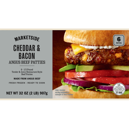 Marketside Cheddar & Bacon Angus Beef 1/3 lb Patties, 6 Count, 2 lb (Frozen)