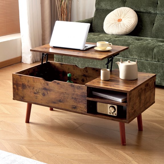 39.4“Rectangular Lift Top Coffee Table with Hidden Storage, Adjustable Shelf, Solid Wood Legs, Brown for Living Room