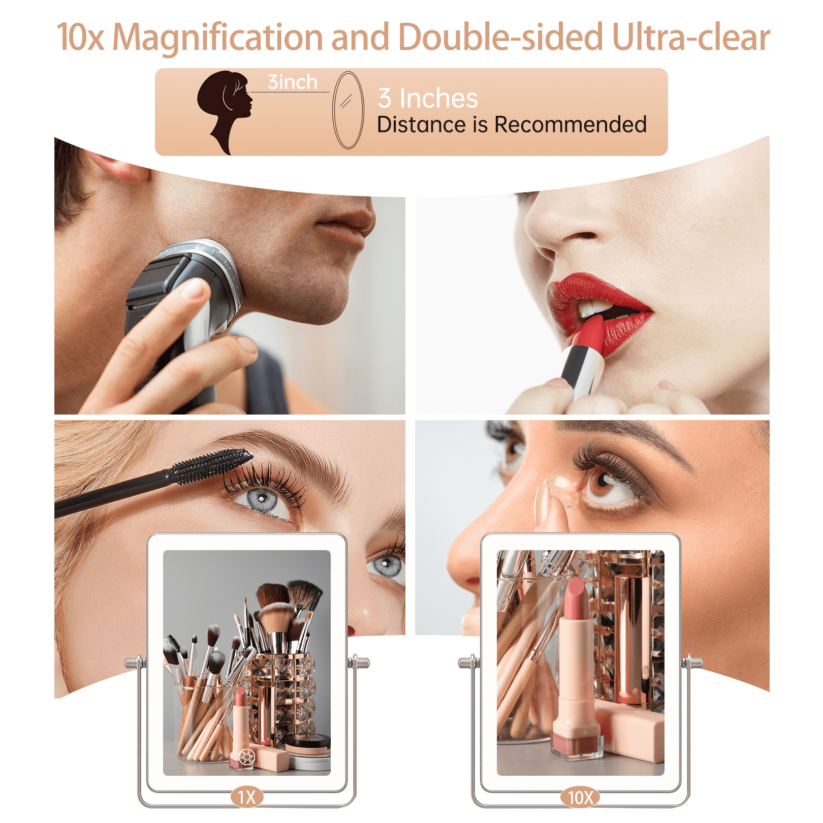 Funtouch Double Sided 1X 10X Magnifying Wall lighted Mounted Makeup Mirror with Extended Arm, 360° Swivel Foldable, 3 Color Settings,Nickel