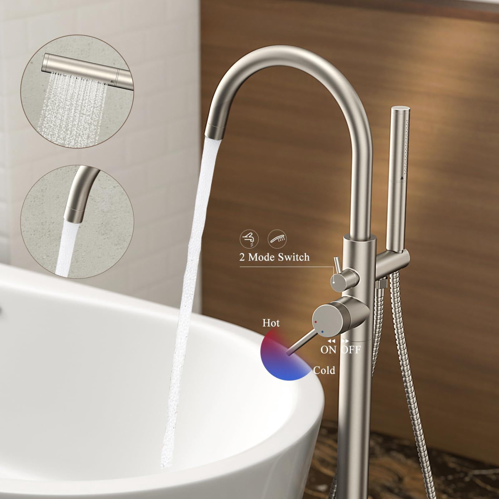 Freestanding Bathtub Faucet Brushed Nickel Floor Mount Metal Bathroom Gooseneck Spout with 2 Function Hand Shower
