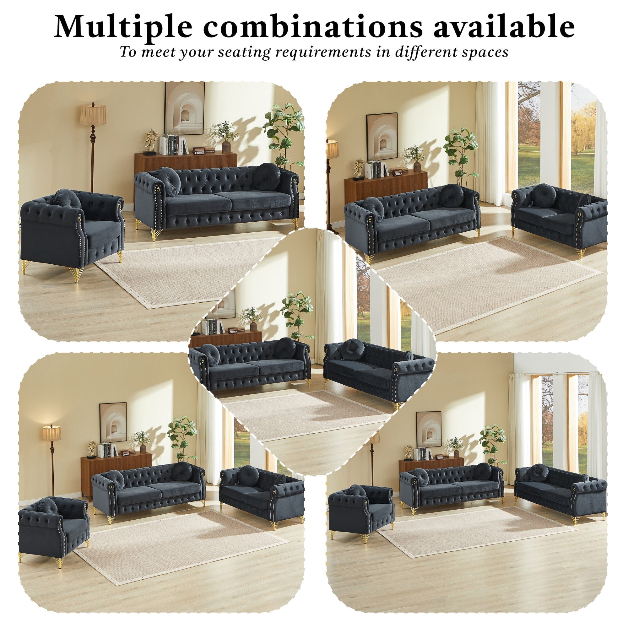 Sailvan 82" Velvet Chesterfield Sofa, Tufted 3-Seater Couch with Gold Metal Legs & Copper Studs, Luxury Living Room Furniture Black