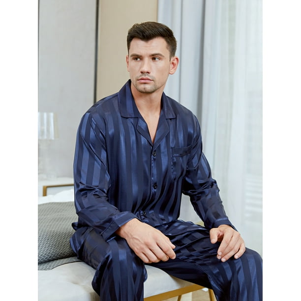 LONXU Men's Pajamas Long Sleeve Silk Satin Luxury Drawstring Nightwear