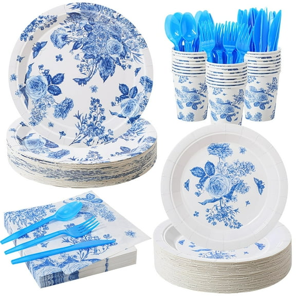 Maxcheck 350 Pcs Blue and White AFN1Flower Party Set Disposable Blue Floral Party Supplies 50 Guests Blue White Paper Plates Napkins Cups Dinnerware Set for Baby Shower Birthday Wedding Party