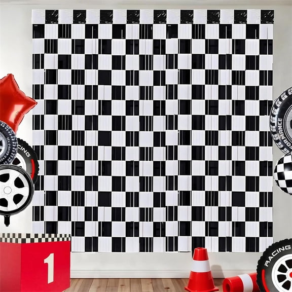 NOGIS 3 Pack Race Car Checkered Streamers Backdrops Birthday Party Decorations Black and White Checkered Foil Fringe Curtains Photo Booth Props for Racing Cars One Happy Dude Party Decor