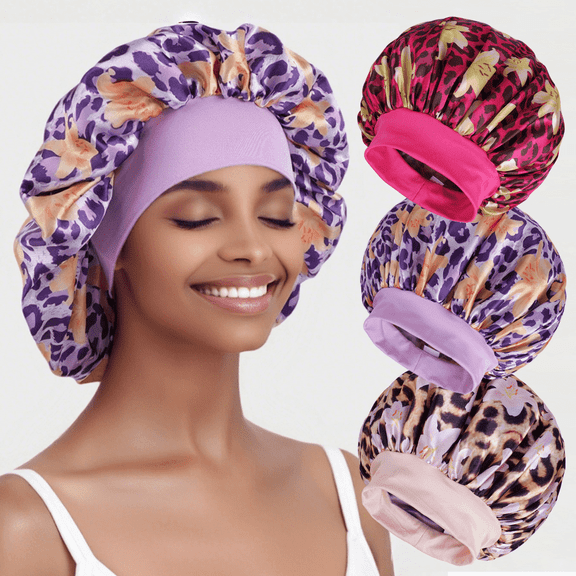 Silk Sleep Bonnets 3 Pack for Women, Leopard Print Large Satin Hair Cap with Elastic Band for Curly Hair
