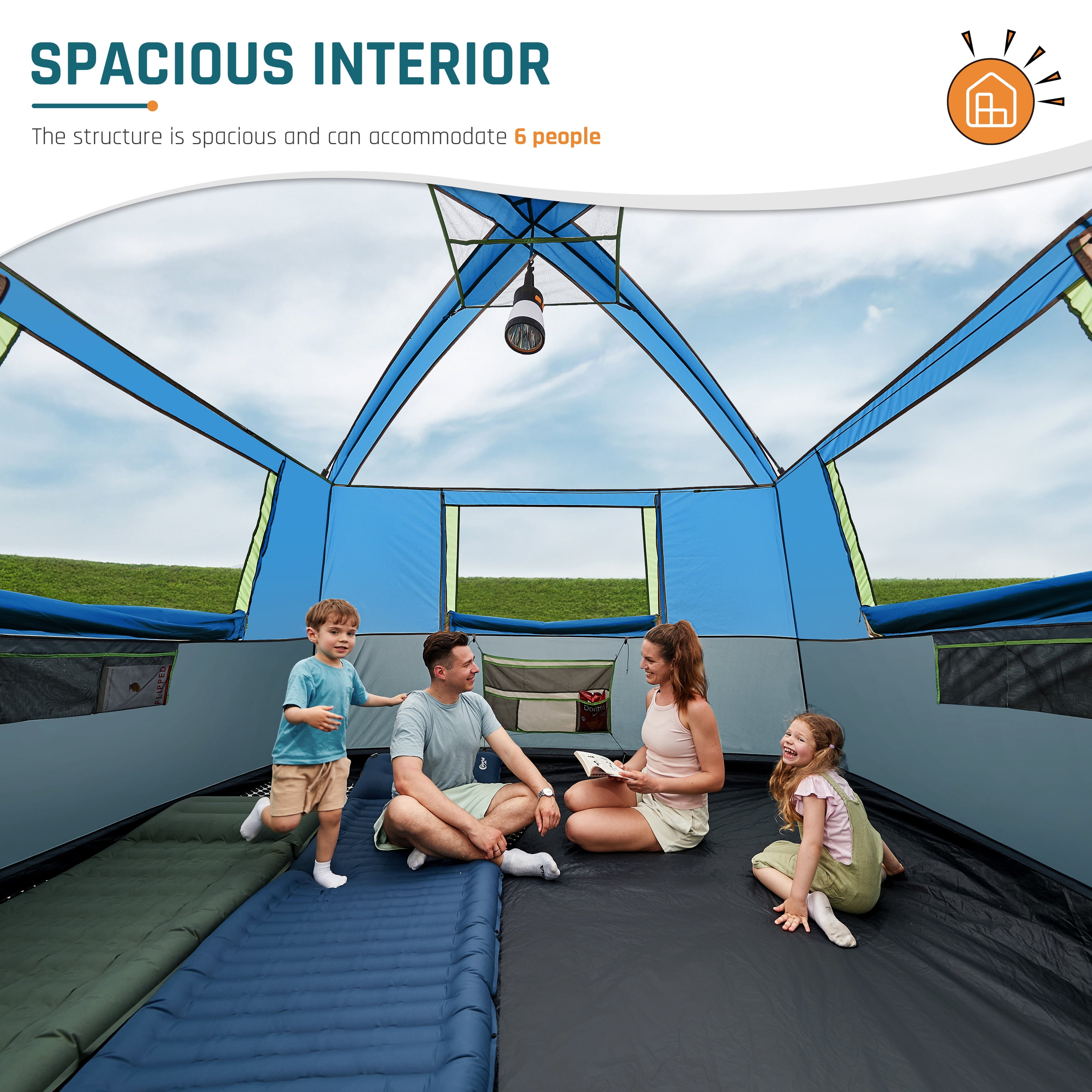 DMH OUTDOORS 6 Person Family Cabin Tent with Screen Porch Camping Tent for Outdoor Camping Backyard Blue