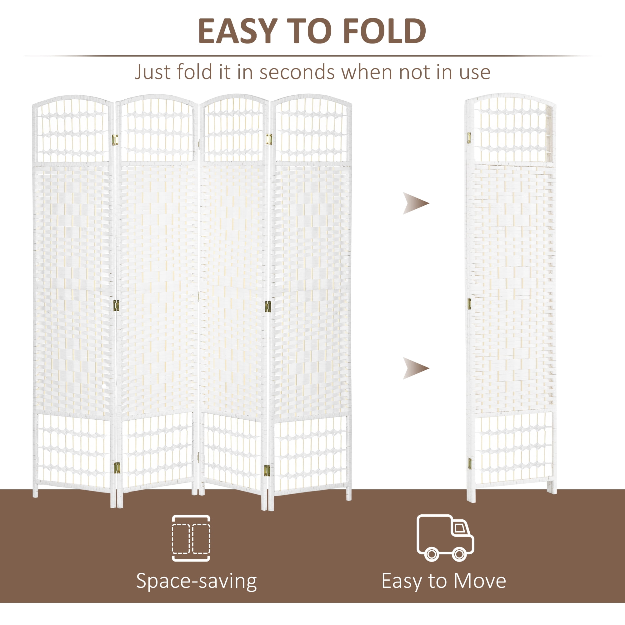 HOMCOM 4 Panel Room Divider Folding Privacy Screen, 5.6' Room Separator, Wave Fiber Freestanding Partition Wall Divider for Rooms, White