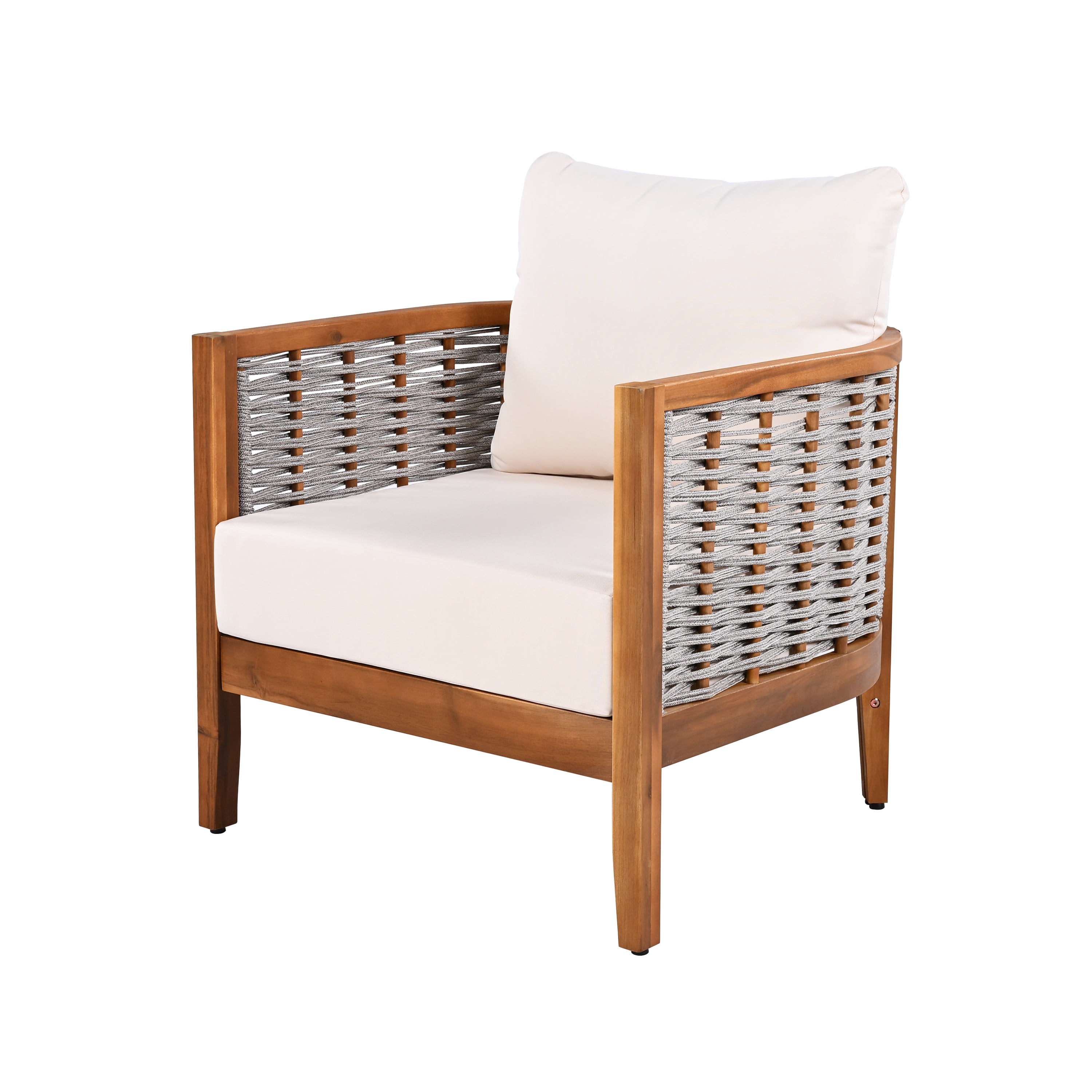 Outdoor Unique Tub Design Armchair with Woven Rope Patio Furniture Acacia Wood Chair for Porch, Teak and Beige