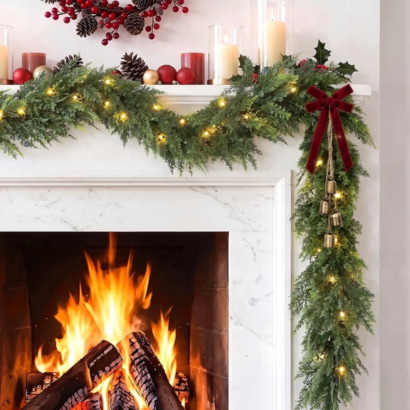 Leyaron Christmas Garland Decorations, 9 FT Artificial Norfolk Pine Christmas Greenery Garlands with Lights for Indoor Outdoor Fireplace Mantle Table Door Stairs Home Xmas Decor