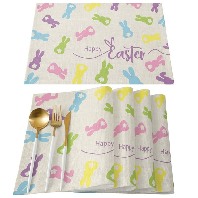 Dsscvnef Easter Bunny Egg Pattern Linen Print Kitchen Dining Room Insulated Decorative Placemat(8) Dinner Table Mats round Placement Mats for Dining Table