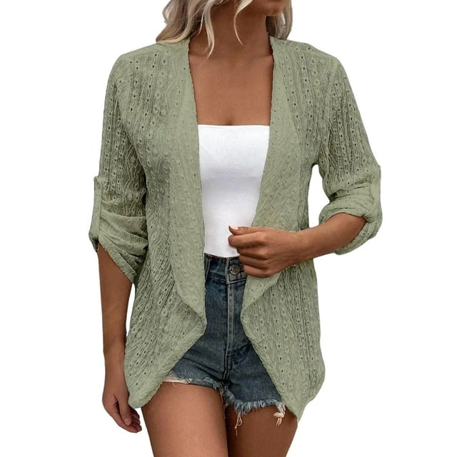 Duoif Cardigan Sweaters for Women Lightweight Spring Cardigan Mid Sleeve Coat Oversized Open Front Weave Cardigan Womens Sweaters Light Green M