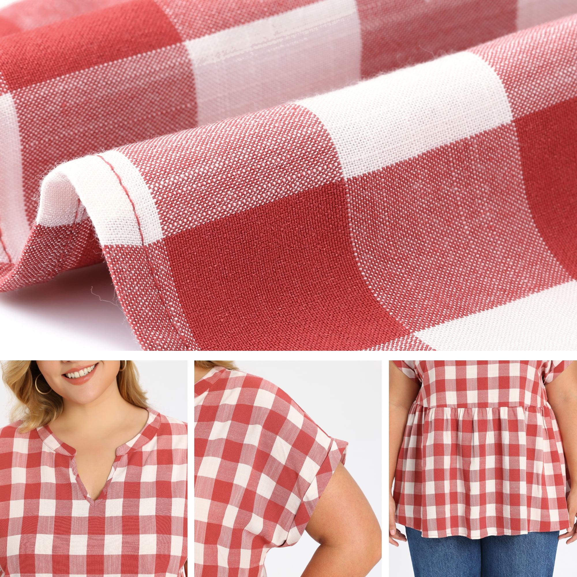 DARING DIVA Women's Plus Gingham Notch V Neck Blouse Babydoll Peplum Top 3X Red