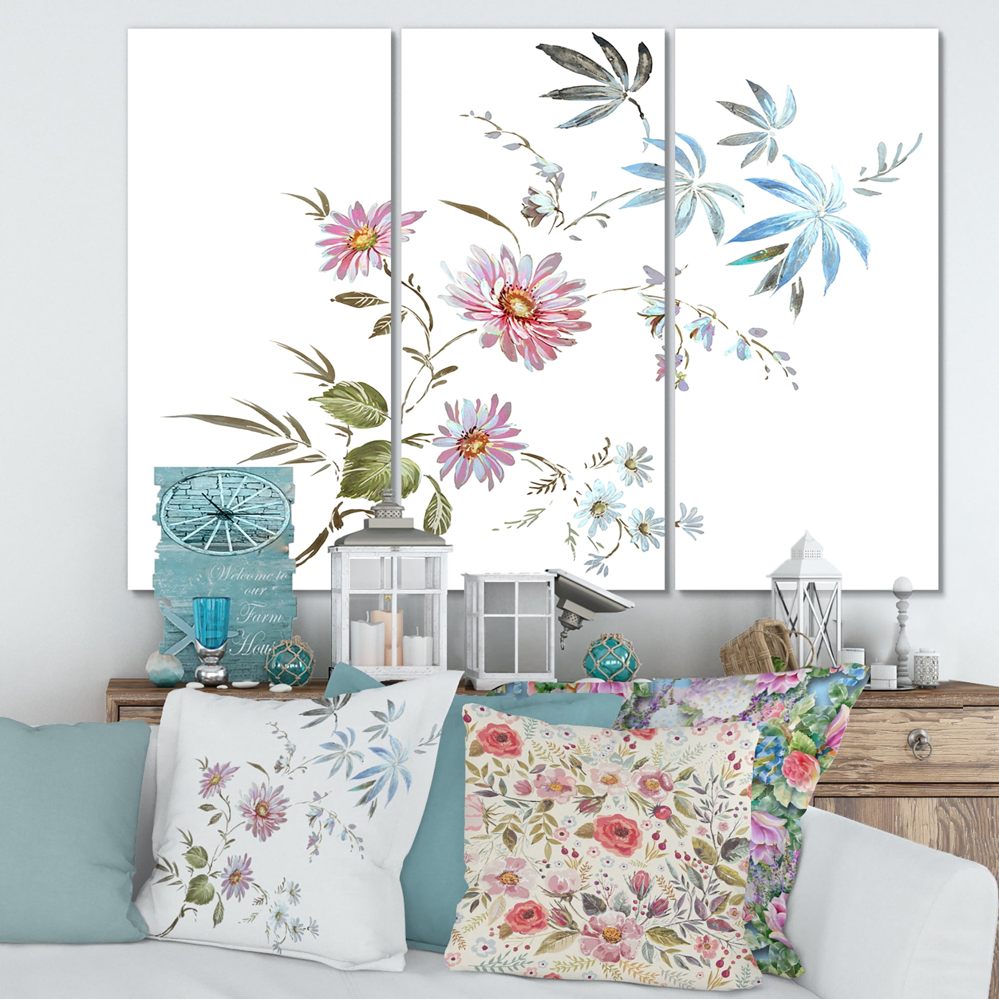 Pink and Blue Wildflowers I 28 in x 36 in Painting Canvas Art Print, by Designart