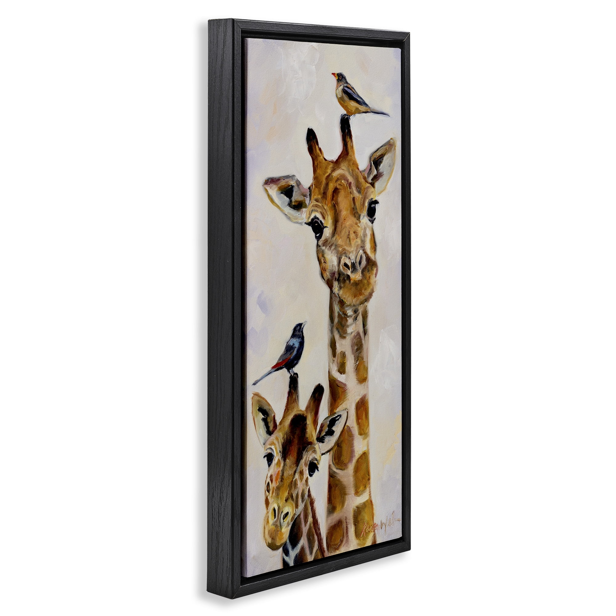 Stupell Industries Giraffe & Perched Birds Animals & Insects Painting Black Floater Framed Canvas Art Print Wall Art, 11 x 25