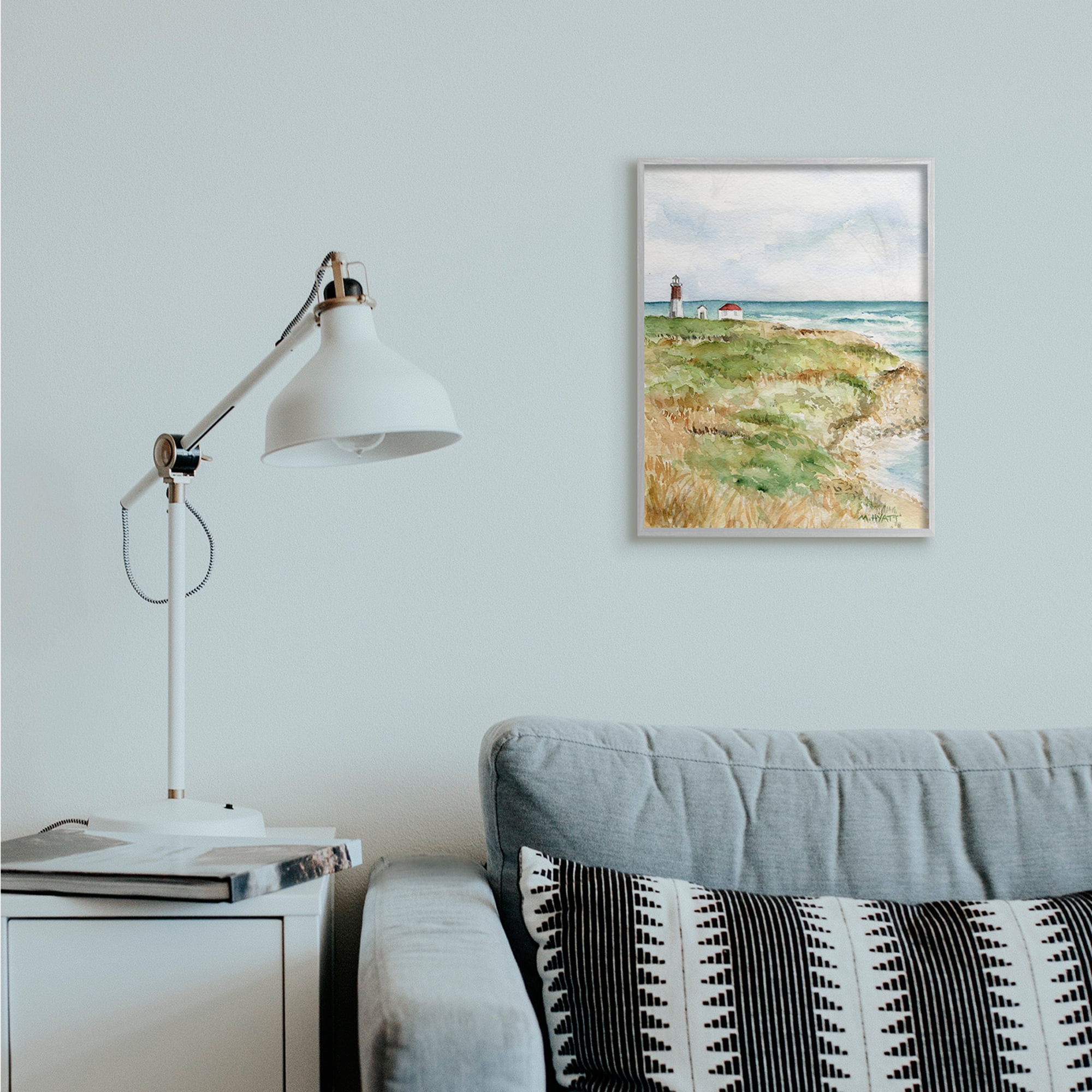 Stupell Industries Point Judith Cliffside Lighthouse Coastal Landscape Grey Framed, 16 x 20, Design by Melissa Hyatt LLC