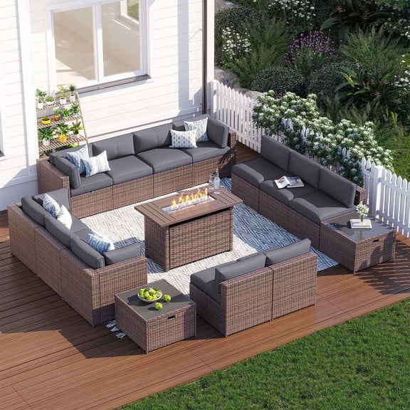 Clouddwell 15 Piece Patio Furniture Set with 44” Fire Pit Table Wicker Rattan Patio Conversation Set Outdoor Sectional Sofa Set with Coffee Table and Gray Cushions(Waterproof Cover Included)