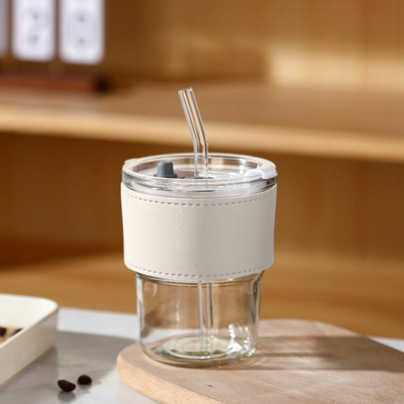 FastXmas Glass Tumbler with Straw & Lid 420 ml - Clear Iced Coffee Cup Vintage Design, 2.7 x 11.7" Dishwasher Safe Glass Drinking Cups Artificial Non-slip Leather Glass Bottle for Coffee Water Juice