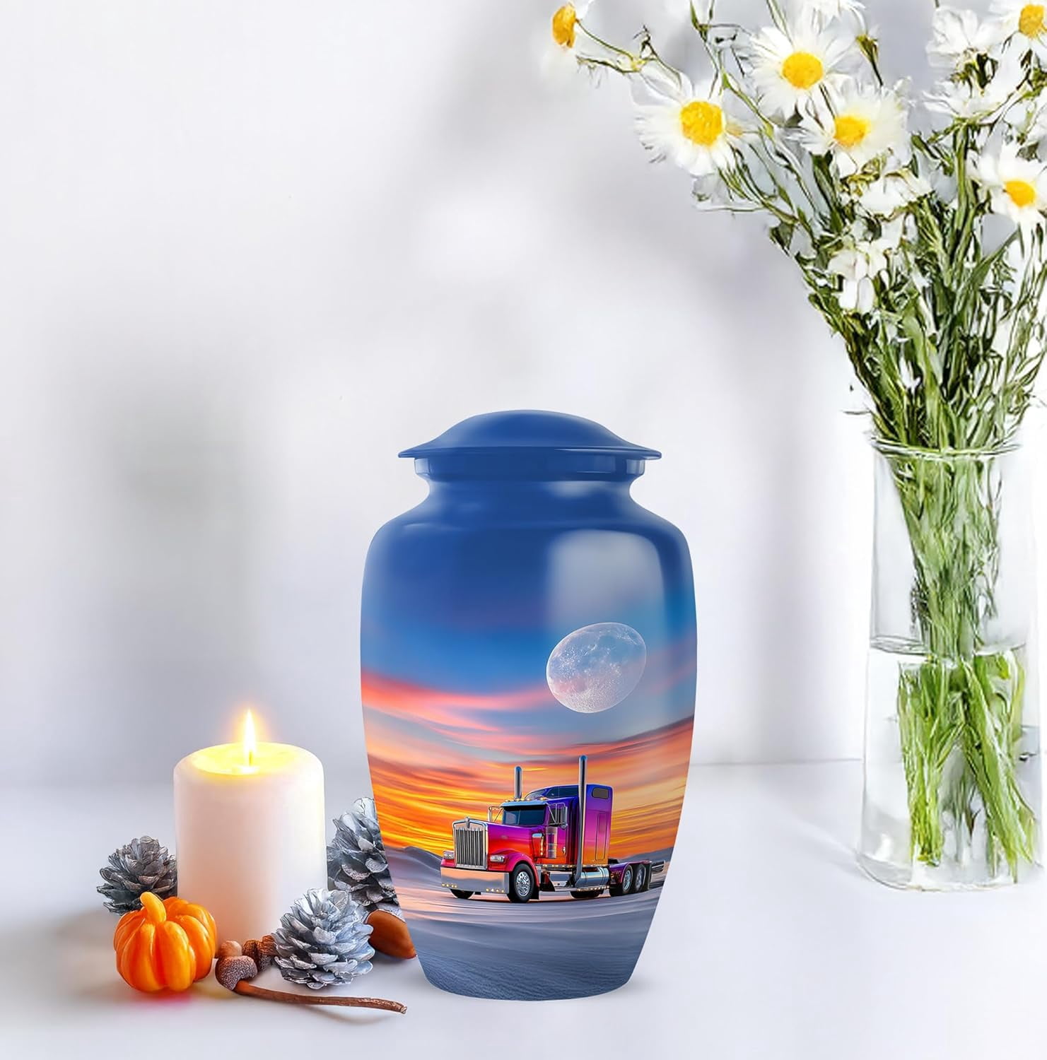 Trucker Urn For Human Ashes Adult Male, Sunset Semi-truck Cremation Urn For Men, Decorative Memorial Urns For Ashes, Funeral Urns For Ashes Adult, (Size: 6 Inch, 1 Pc)