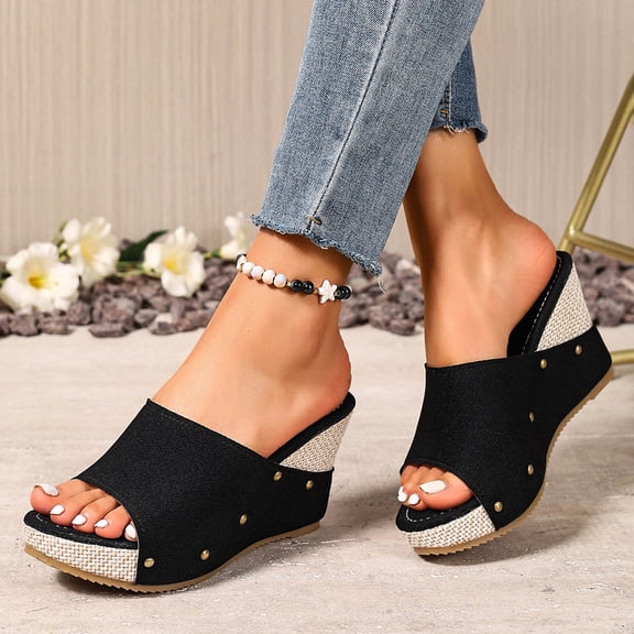 Women's Fashionable And Versatile Casual Large Size Shoes Spring And Summer Trendy On Straw Wedge Sandals Classic Clog Pumps Comfortable Slip On