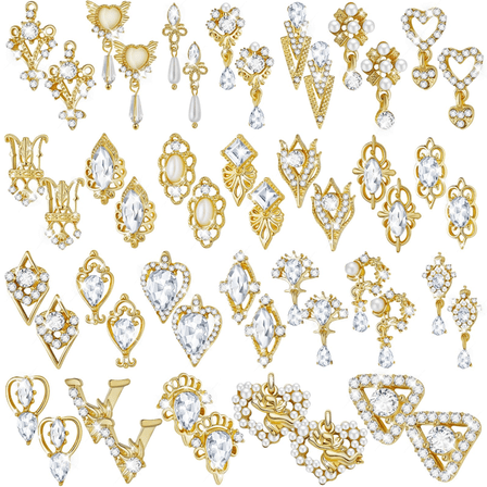 52Pcs Nail Charms Gems Rhinestone 3D Heart Crystal Pendant Bulk Alloy Nail Tip Jewels Metal Pearl Diamond for Women DIY Craft Christmas Jewelry Making