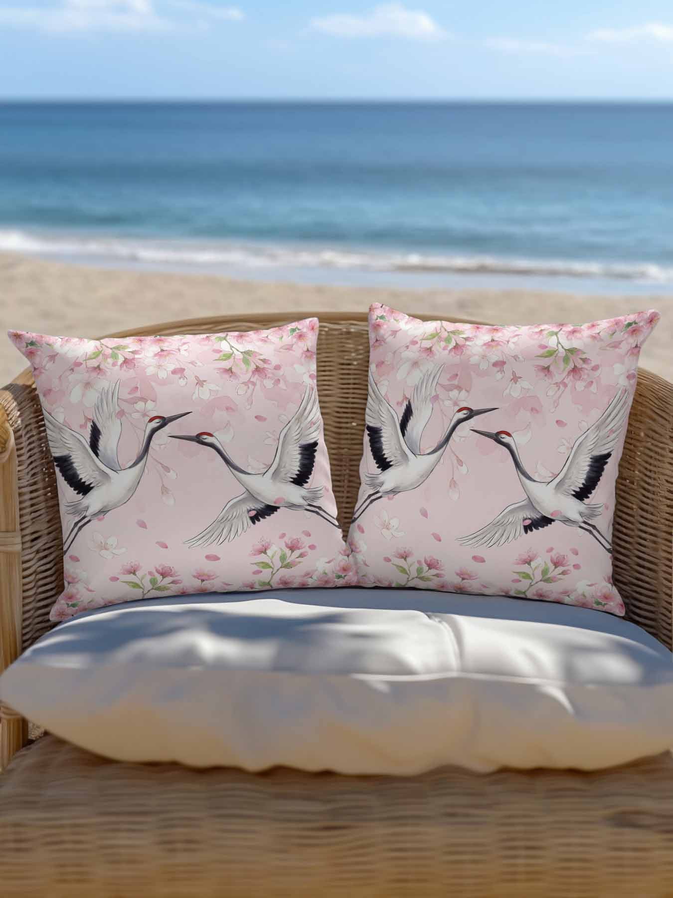 1 Pack Outdoor Pillows Waterproof, Cherry Blossom Crane Indoor/Outdoor Throw Pillows with Inserts, Pink Spring Modern Farmhouse Floral Decorative Pillow for Patio Furniture Chairs Couch