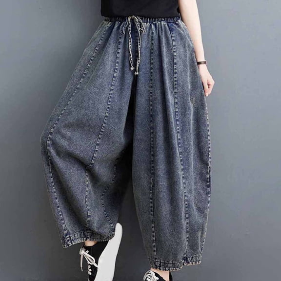 Yourumao Barrel Jeans for Women Drawstrings Elastic Waisted Jeans Baggy Denim Pants Streetwear Jean Trousers with Pocket