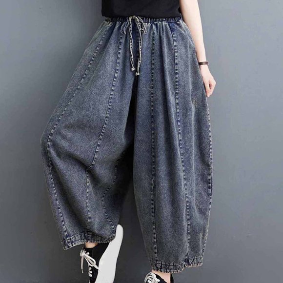 Frostluinai Barrel Jeans Women Elastic Waist Drawstring Ankle Denim Pants Baggy Wide Leg Jeans Pants Distressed Boyfriend Barrel Jeans with Pocket