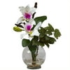 Nearly Natural Mini Cattleya Silk Flower Arrangement with Fluted Vase, White