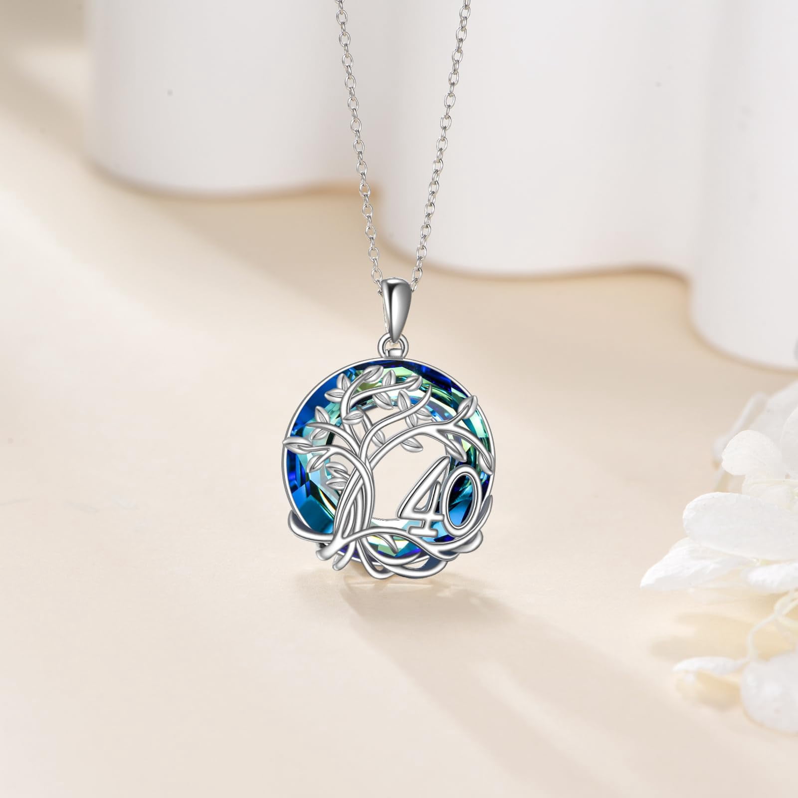 YAFEINI 40th Birthday Gifts for Women 925 Sterling Silver Tree of Life Necklace Circle Crystal Jewelry for Her Wife Mom Mother