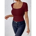 thumbnail image 3 of Biezeib Women's Summer Knit Cropped Tops Solid Color Ribbed U-Neck Short Sleeve Show Navel Knitwear, 3 of 6