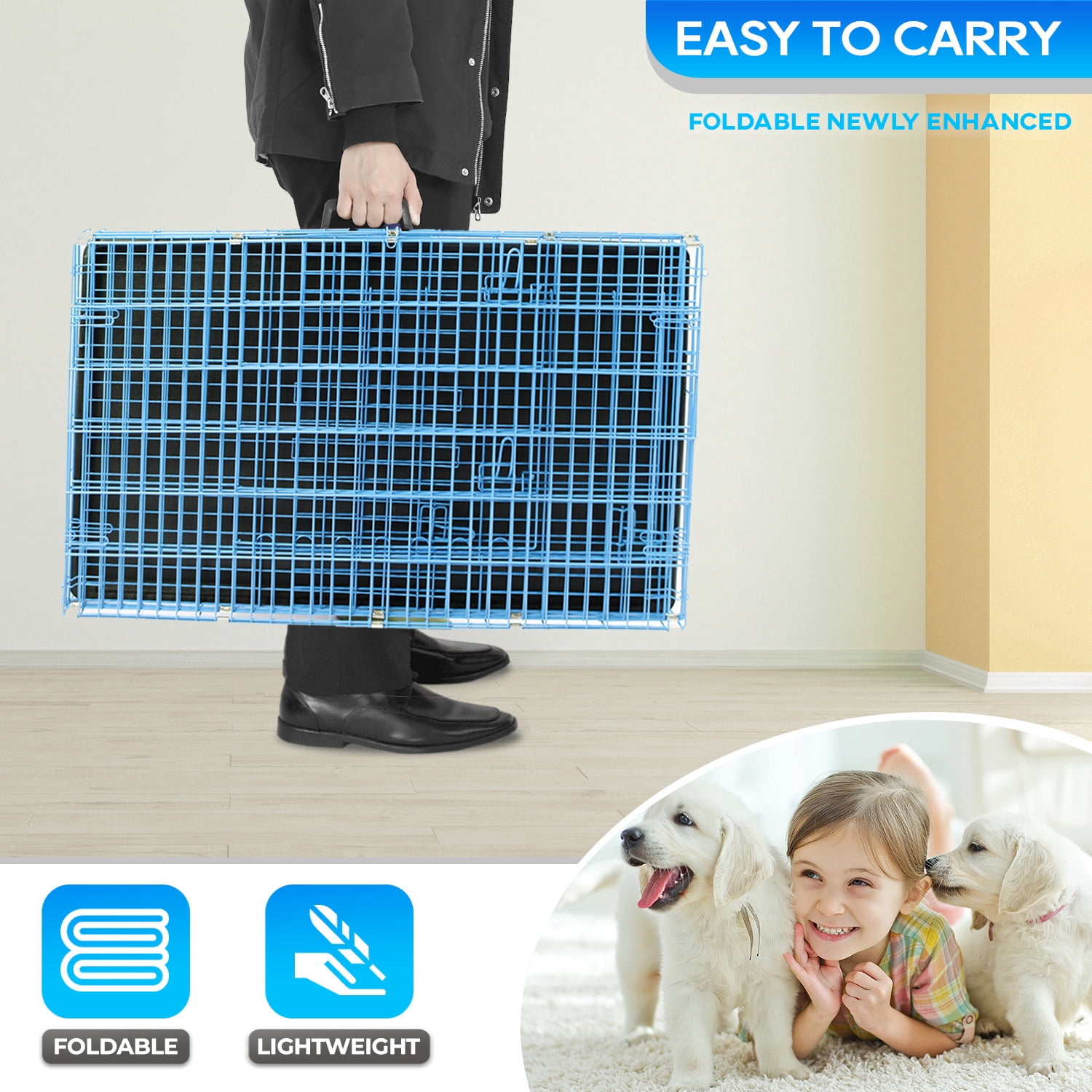 Small Dog Crate 18" Puppy Cage Dog Kennel Dog Cage Foldable Metal Wire Pet Cage with Handle Plastic Tray for Puppies （Blue）