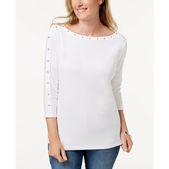 Karen Scott Studded Boat Neck Top Bright White M