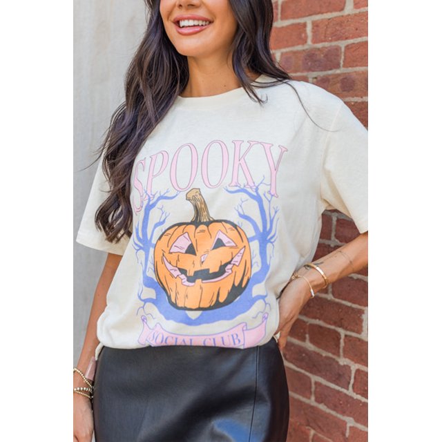 FOLUNSI Halloween White Tee - Short Sleeves, Pumpkin Print, Comfort Fit
