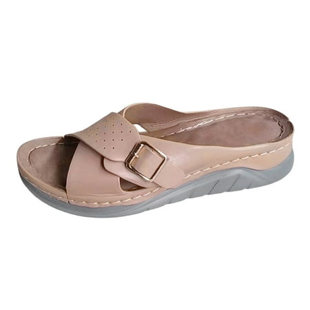 

QYZEU Women Slide Sandals Solid Color Slippers Casual Low Heel Fashion Leather Belt Buckle Decor Flat Bottom Slippers Breathable Lightweight Sandals Pink 38