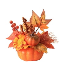 Thanksgiving Pumpkin Centerpiece with Berries - 7.8 Inch Artificial Fall Decorations with Maple Leaves, Sunflower Accents for Harvest Table Decor, Home Kitchen Party Seasonal Display
