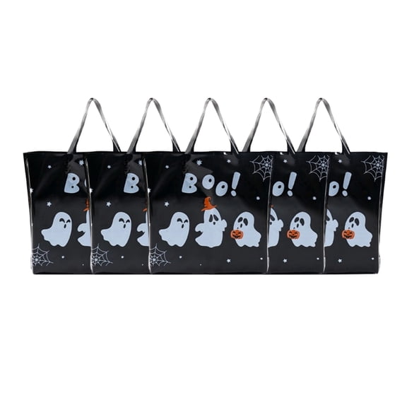 5 pcs Halloween Ghost Trick or Treat Tote Bags, Black Glossy Plastic Ghost Spider Web Gift Hand Bags, Reusable Kids Candy Goodie Bags for Halloween Party Favors Decor