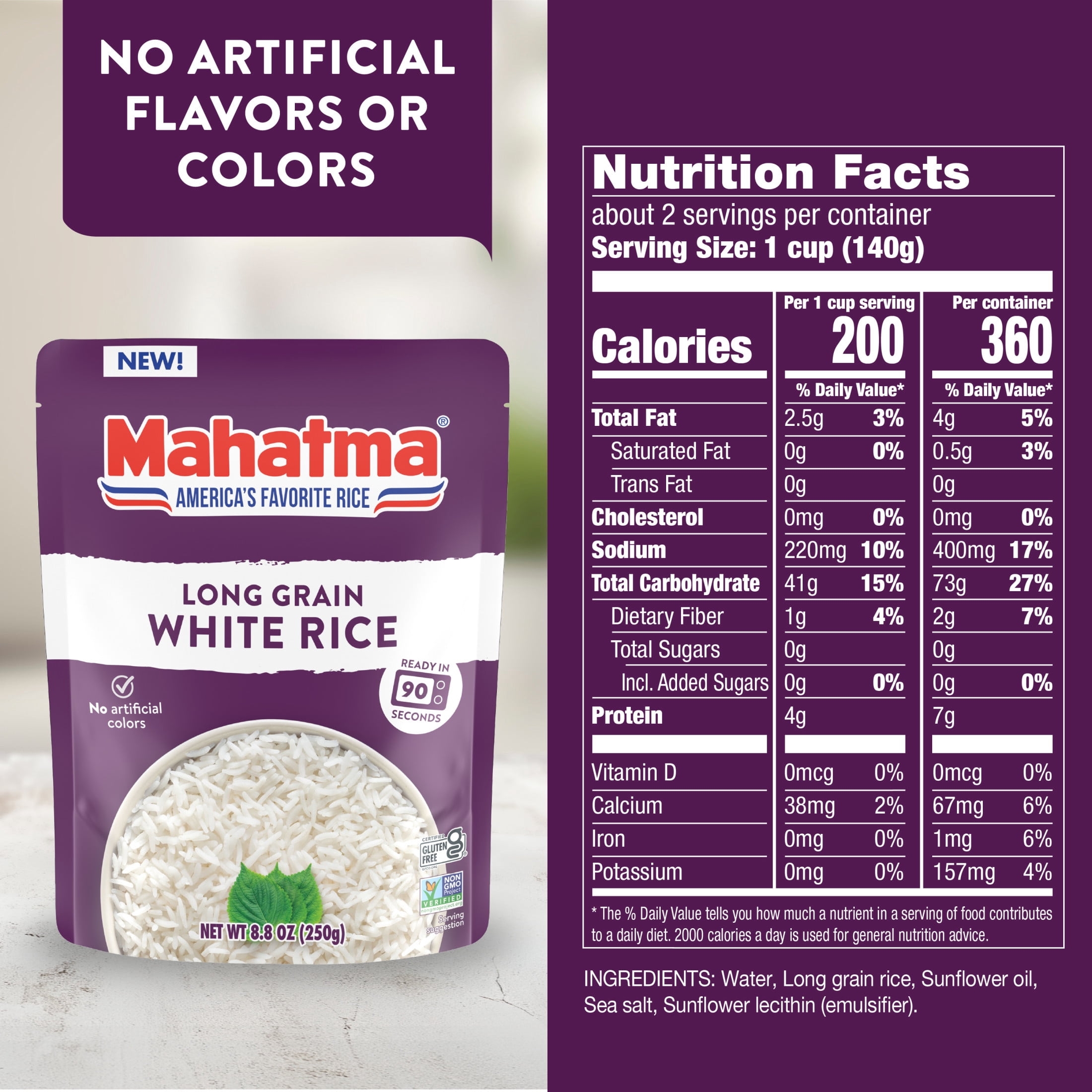 Mahatma Ready to Serve Long Grain White Rice, Moist & Fluffy Precooked Rice, 8.8 oz Pouch