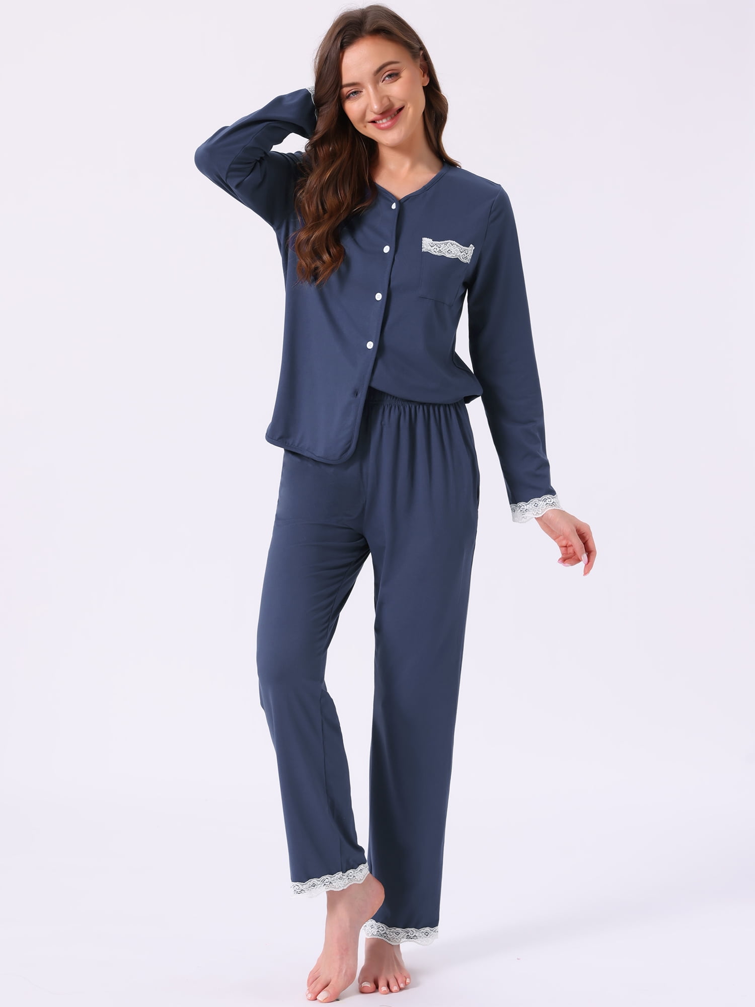 DARING DIVA Pajama Sets Lace Trim Elastic Waist Pant Loungewear 2XL Dark Blue