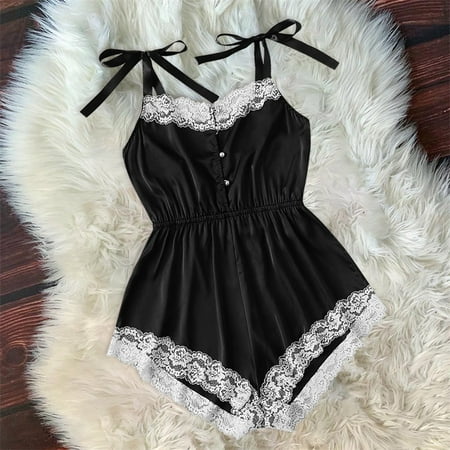 

Women Silks Satin Pajamas Comfortable Lace Trim Soft Loose Sling Nightgown L Black