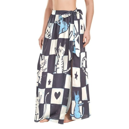 FORMRS Beach Sarong for Women Semi-Sheer Wrap Skirt Swimsuit Cover Up  Blue and White Cat