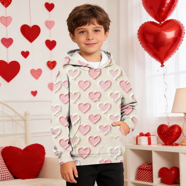 TaTaai Valentine's Day Printed Hoodie, Youth Long Sleeve Pullover, Pocket Casual Sweatshirt, Holiday Gift Apparel Gift