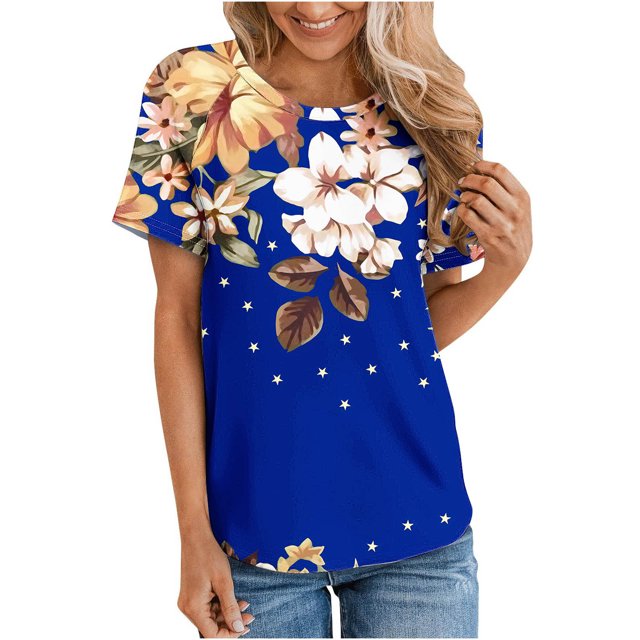 Fiudx Ofertas Flash Del Día Top de Cuello Redondo de Manga Corta Insertado con Hombros Estampados Informales para Mujer a La Moda