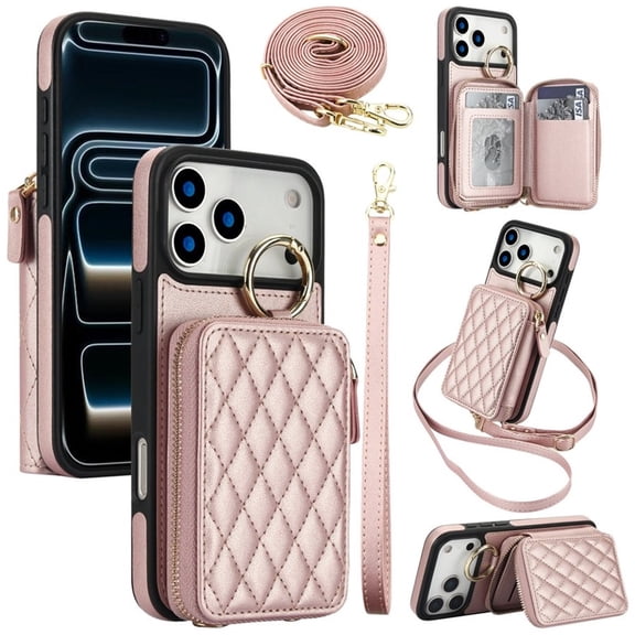 For Apple iPhone 17 Pro RFID Blocking Wallet Case Magnetic Flip Cover Multi-Card Slots Zipper Pocket With Ring Clasp Detachable Shoulder Strap And Wrist Strap,Rose gold,For iPhone 17 Pro