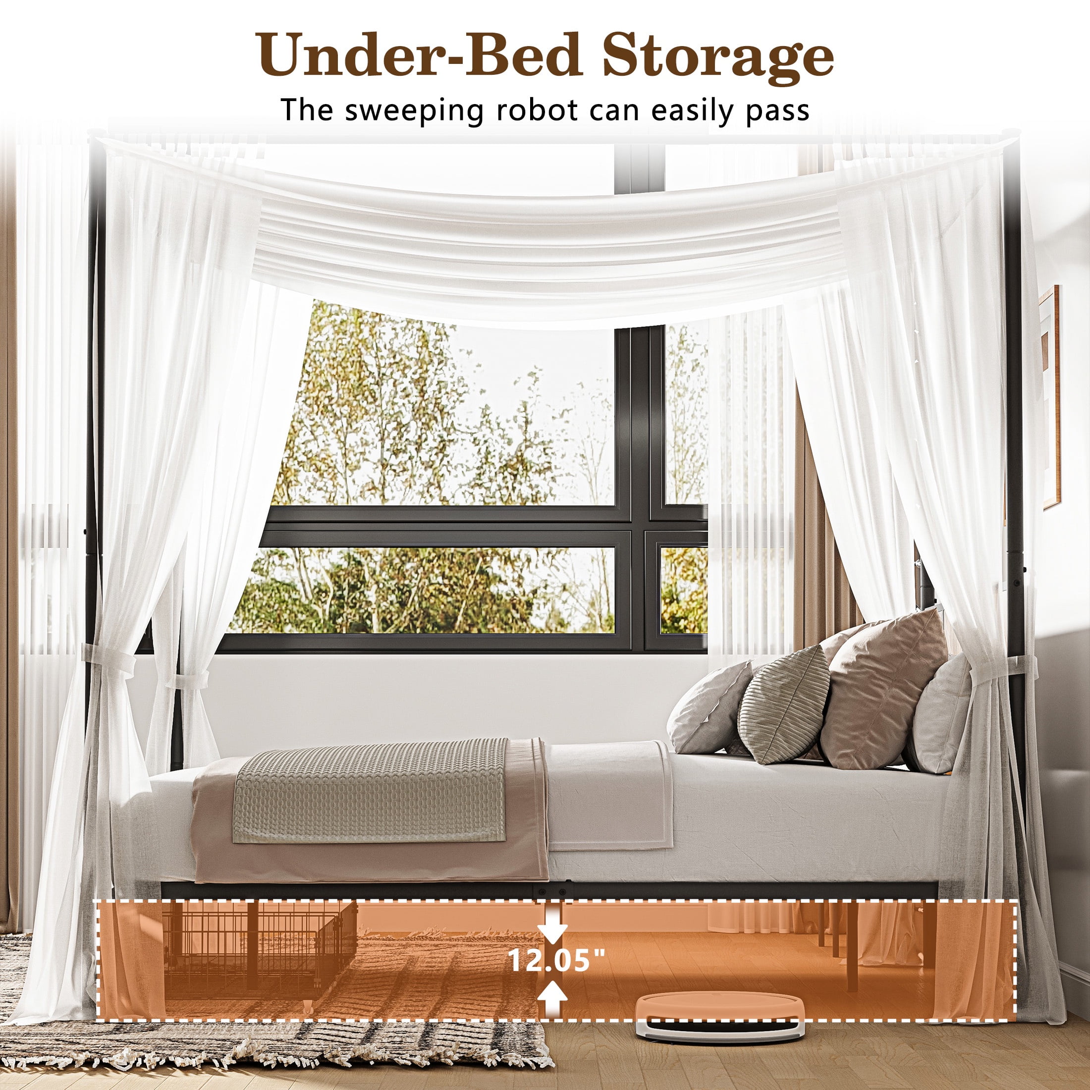 HSUNNS Full Bed Frame, Full Size Canopy Bed Frame with 2 Storage Drawers, Wooden Headboard and Footboard, Metal Platform Bed with Under-Bed Storage, No Box Spring Needed, Black+Brown